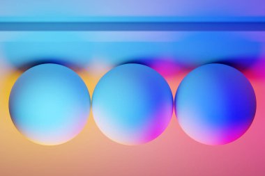 Mavi, pembe, turuncu neon rengi altında gölgesi olan üç topun geometrik hacimli şekilleriyle 3D klasik natürmort.