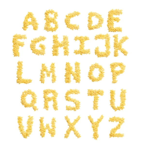 English Alphabet Dry Farfalle Pasta White Isolated Background Food Pattern — Stock Photo, Image