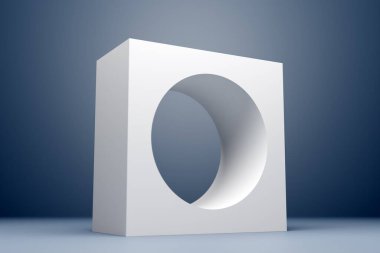 3 boyutlu illüstrasyon klasik geometrik hacimli figürlü, içinde gölgesi olan yuvarlak delikli bir kare. 