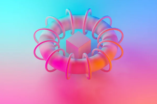 幾何学的な体積形状の3Dイラスト 青ピンクのネオン色の下に影を持つフープを持つ円弧内のキューブ オプションの建設 — ストック写真