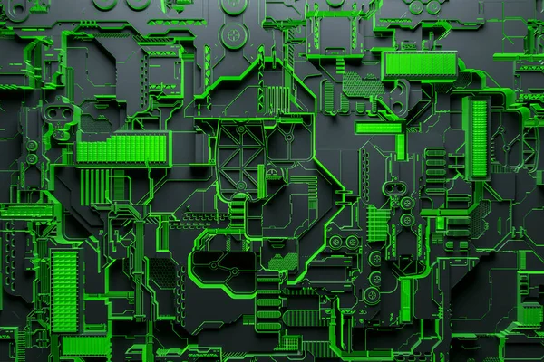 3d illustration of a realistic model of a robot or green  cyber armor. Close-up equipment for mining crypto-bitcoin; ether. Video cards; motherboards