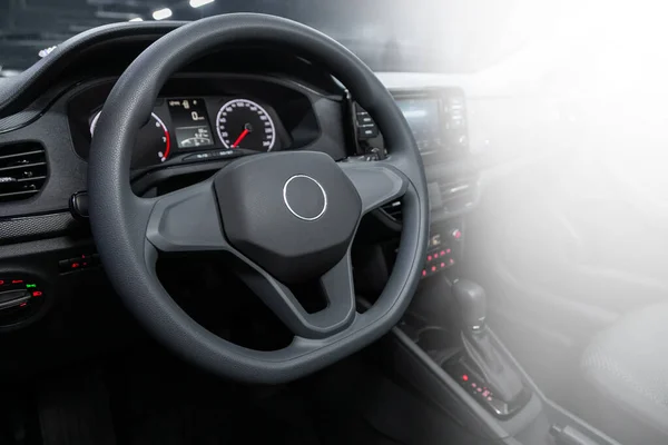 Dark Car Interior Steering Wheel Shift Lever Dashboard Climate Control — Stock Photo, Image