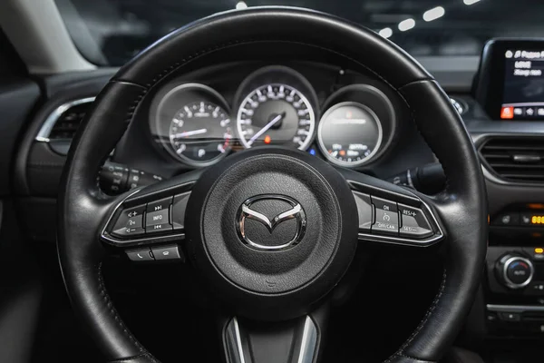 Novosibirsk Russia January 2021 Mazda Dashboard Player Steering Wheel Logo — Stock Photo, Image