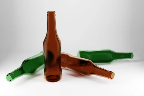 Cuatro Botellas Cerveza Vidrio Verde Marrón Sobre Fondo Blanco Aislado — Foto de Stock