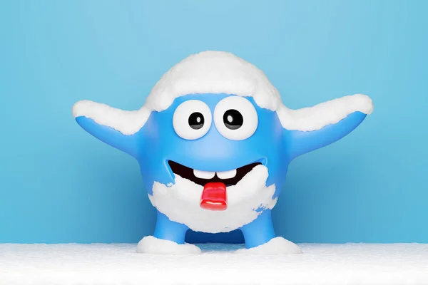 3d illustration of a funny blue monster with eyes and smiles, covered with snow, showing tongue and having fun on a blue isolated background. Funny smiley snowman