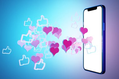 Üç boyutlu resimleme, mavi izole edilmiş arka planda pembe ve kırmızı kalpli beyaz ekranda modern bir akıllı telefonun görüntüsünü oluşturur. Diyalog tasviri, aşıkların sohbeti. Müzakere ve aşkın sembolü