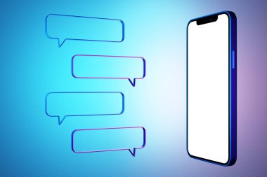 Üç boyutlu resimleme, beyaz ekranda modern bir akıllı telefonun ve mavi izole edilmiş arka planda konuşma baloncuklarının taklidini yapıyor. Diyalog çizimi, sohbet. Müzakere ve belirsizliğin sembolü
