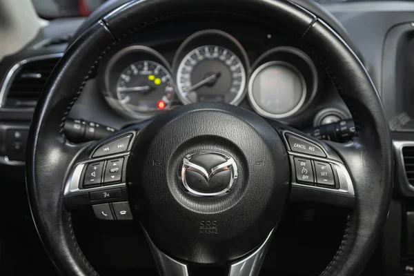 Novosibirsk Russia February 2021 Mazda Auto Interior Steering Wheel Logo — Stock Photo, Image