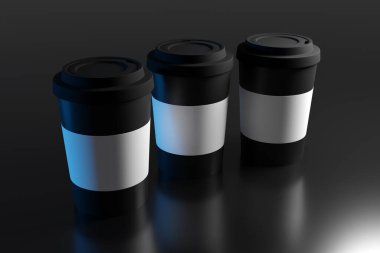 Plastik kapaklı üç kahve fincanının üç boyutlu çizimi ve izole edilmiş koyu bir arka planda yansıması ve gölgesi var. Sıcak içecekler için tek kullanımlık plastik ve kağıt sofra takımı. Kafe için model şablonu, restoran şirket kimliği
