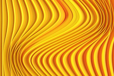 Farklı renklerde bir stereo şeridin 3 boyutlu çizimi. Geometrik çizgiler dalgalara benzer. Soyut sarı parlak çizgi deseni