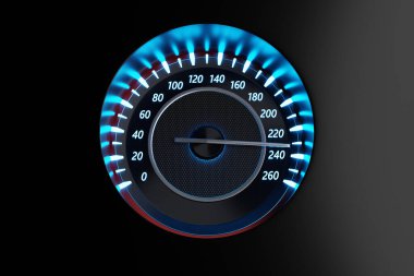 Arabanın gösterge panelinin 3 boyutlu çizimi parlak ışıkla aydınlatılır. Mavi neon rengi altında daire ölçer