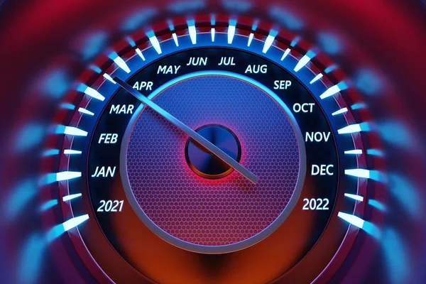 3D illustration of the dashboard of the car is illuminated by bright illumination. Circle speedometer  under red and blue neon color