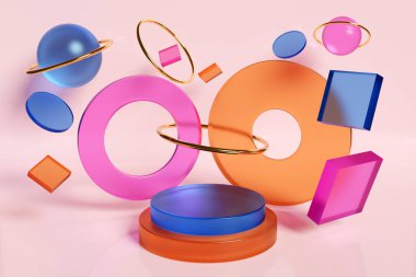 Pembe zemin üzerinde halkaları, daireleri ve diğer figürleri olan gezegenler şeklinde kozmik geometrik süslemeleri olan bir manzaranın 3 boyutlu çizimi. Minimalizm geometri arka planı