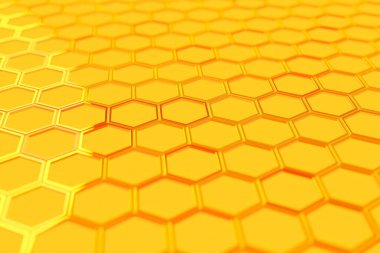 Bal için sarı bir bal peteği monokrom bal peteğinin üç boyutlu çizimi. Basit geometrik altıgen şekiller mozaik arkaplan. Arı kovanı konsepti, Arı Kovanı