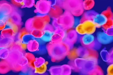 Mavi arka planda pembe, mavi ve mor çaydanlıkların üç boyutlu çizimi, yumuşak odaklı. Çaydanlıklar şekil deseni. 