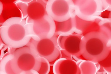 Bulanık bir zemin üzerinde kırmızı ve pembe yuvarlak sineğin üç boyutlu çizimi, yumuşak odak. Şekil deseni. Teknoloji geometri arka planı