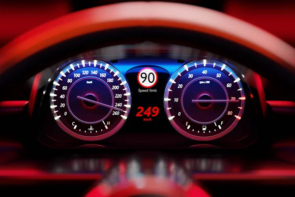 3D illustration of the new car interior details. Speedometer shows a maximum speed of 249 km  h, tachometer with blue,red backlight. Design and interior of a modern car.