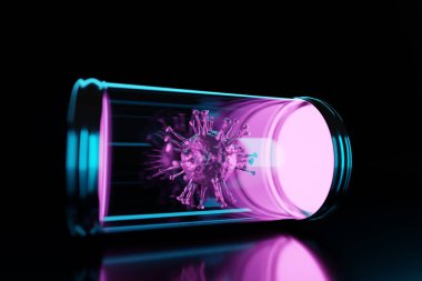 3 boyutlu görüntüleme. Covid-2019 virüsünün siyah arka plan üzerinde çalışmak için özel bir laboratuvar şişesinde pembe mikrop şeklinde kaybolması. Pandemik tıbbi Coronavirüs 