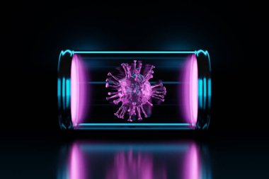 3 boyutlu görüntüleme. Covid-2019 virüsünün siyah arka plan üzerinde çalışmak için özel bir laboratuvar şişesinde pembe mikrop şeklinde kaybolması. Pandemik tıbbi Coronavirüs 