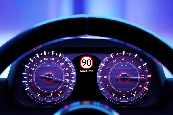 3D illustration of the new car interior details. Speedometer shows a maximum speed of 240 km  h, tachometer with blue,red backlight. Design and interior of a modern car