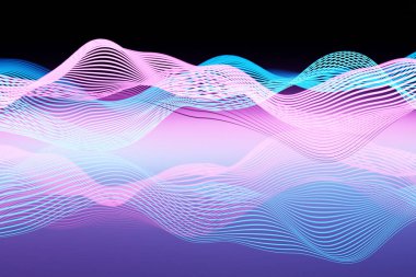 Pembe ve mavi renkli çizgilerin 3 boyutlu çizimi. Siyah izole edilmiş arkaplanda müzik çizgi eşitleyicileri