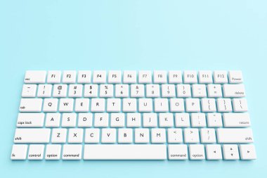 3D illüstrasyon, mavi arkaplandaki gerçekçi bilgisayar ya da dizüstü bilgisayarı kapat. LED arka ışıklandırmalı klavye çalma