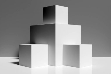 3 boyutlu görüntüleme. Beyaz ikizkenar piramidin kaybedilmesi, kaide. Gri arkaplandaki dikdörtgenlerden bir sahne 