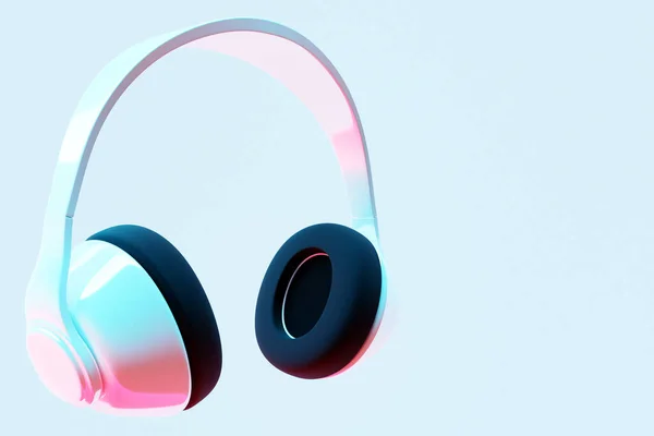 3d illustration realistic  white wireless headphones isolated on white  background under pink and blue neon light. Sound music headphones. Audio technology. Modern headphones