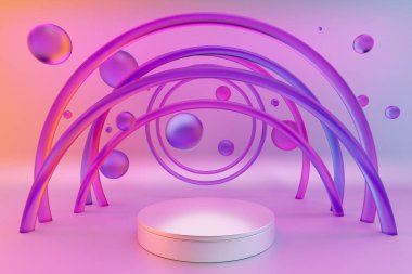 Arkaplanda şeffaf su kabarcıkları olan 3 boyutlu illüstrasyon asgari görüntü. Monokrom arka planda fiolet podyum. ürün sunumu, modelleme, kozmetik ürün görüntüleme, podyum, kaide veya platform.