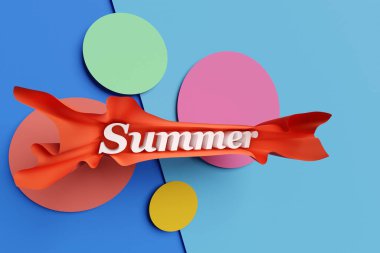 Renkli, izole bir arkaplan üzerinde hacimli, güzel, kırmızı bir kağıda yazılmış 3D resimli parlak yazı. Moda, güzellik ve kozmetik promosyonu. 3D gradyan harflerle yazılmış moda yaz afişi.