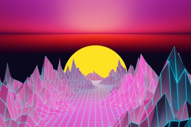 3D görüntüleme, Sanal gerçeklik, dağlar arasındaki geometrik çizgilerden batan güneşe giden yol. 80 'lerin tarzında dizayn edilmiş. Gelecekçi sentezleyici retro dalga illüstrasyonu 