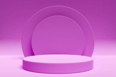 Pembe arka planda yuvarlak kemerli bir çemberden pembe bir sahnenin 3 boyutlu çizimi. Yuvarlak bir monokrom kaidesinin yakın çekimi.