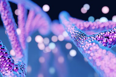 Soyut 3d çokgen bir DNA molekülünün 3D çizimi. Tıp bilimi, genetik biyoteknoloji, kimya biyolojisi, gen hücre konsepti 