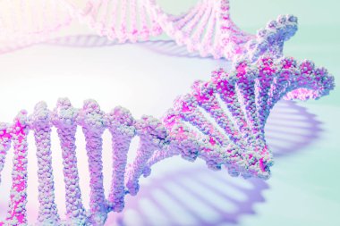 Farklı renklerde bir stereo şeridin 3 boyutlu çizimi. Geometrik çizgiler dalgalara benzer. İzole edilmiş beyaz arkaplanda basitleştirilmiş pembe ve mavi DNA çizgisi