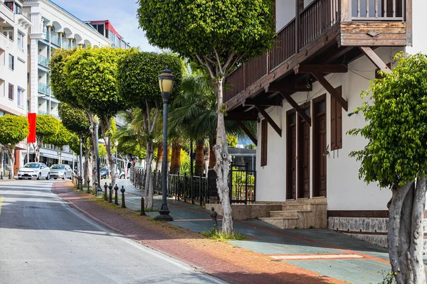 Narrow Street Cafe Motor Road Paved Pathway Avenue Green Trimmed — Stock Photo, Image