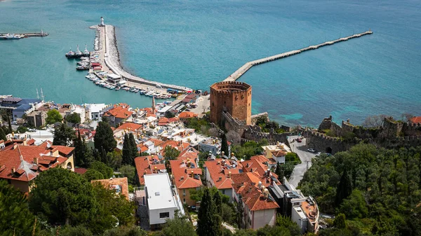 Top View Pier Red Brick Fortress Tower Beautiful White Lighthouse — Stock Photo, Image