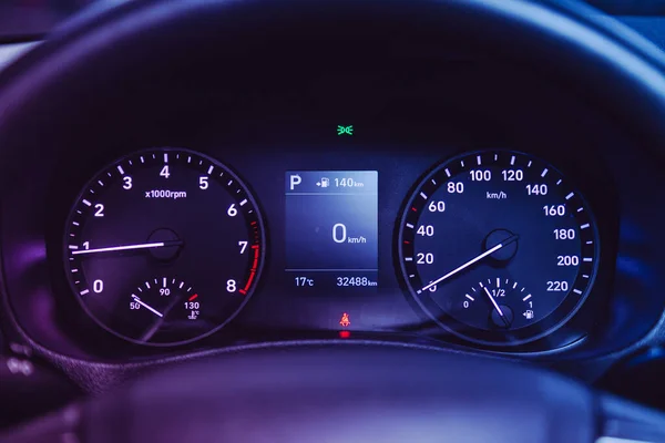 Novosibirsk Russia April 2021 Hyundai Solaris Close Dashboard Speedometer Tachometer — Stock Photo, Image