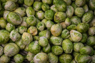  Yeşil lahanayı kapat, arka plan. Dükkanda yetişen taze lahana çeşitleri. Lezzetli ve sağlıklı yemekler.