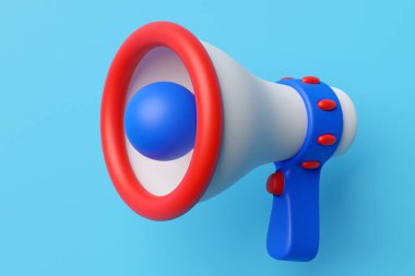 Megafon hoparlörü ya da megafon, gerçekçi 3D illüstrasyon. Zili ve sapı olan modern izole megafon hoparlörü, cankurtaran acil sinyali ve anonslar için hoparlör.