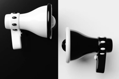 Megafon hoparlörleri ya da megafon hoparlörleri, gerçekçi 3D illüstrasyon. Zili ve sapı olan modern izole megafon hoparlörler, cankurtaran acil sinyali ve anonslar için hoparlör.