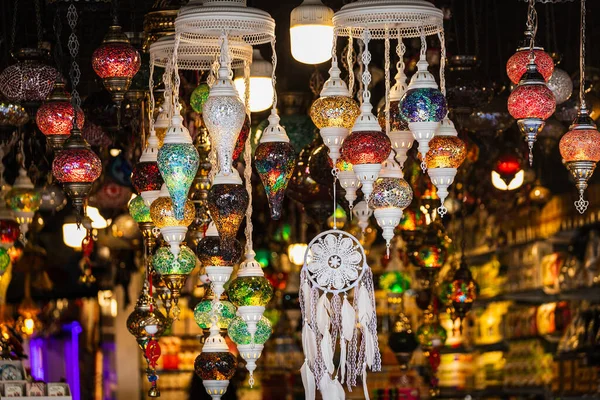 Dream Catchers Bright Glass Lamps Market Stall Colorful Dreamcatcher Suspended — Stock Photo, Image