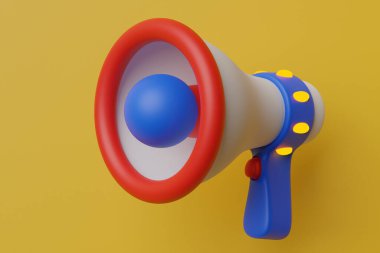 Sarı tek renkli arka planda mavi, kırmızı ve beyaz çizgi film camlı hoparlör. Bir megafonun üç boyutlu çizimi. Reklam sembolü, tanıtım konsepti.