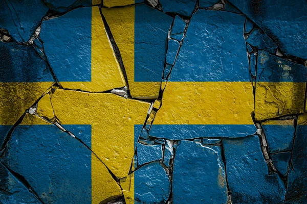 Nemzeti Zászló Svédország Ábrázoló Festék Színek Egy Régi Kőfal Zászló — Stock Fotó