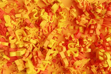 Turuncu harflerden oluşan, kaotik bir şekilde dağılmış parlak harflerin 3 boyutlu çizimi. Yaz indirimi moda afişleri. Yaz dokusu, arkaplan