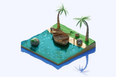 Adanın temiz suyu ve üzerinde kürek ve palmiye ağaçları olan bir teknenin bulunduğu deniz kıyısının 3 boyutlu bir görüntüsü. Tropik sahil, asılı palmiyeli plaj. Deniz manzarası, ada yeşili