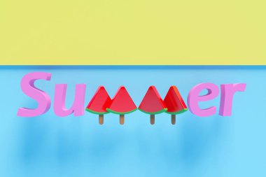 Sarı çizgili ve karpuz dilimli denize benzeyen mavi arkaplanı olan parlak bir yaz arkaplanının 3 boyutlu çizimi. Deniz kenarında yaz tatili konsepti