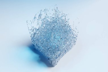 Şeffaf su damlalarının 3 boyutlu çizimi ışık izole edilmiş bir zemin üzerinde bir küp şeklinde toplandı. Su dalgalarının dokusu