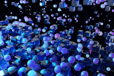 Pembe, mor ve siyah renklerden oluşan üç boyutlu çizim deseni uçan geometrik şekiller topları, küpleri. Geometrik arkaplan, dokuma deseni.