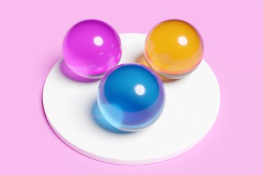 Pembe arka planda üç renkli topun üç boyutlu çizimi. Ters dönmüş kavanozların yakın plan çekimi.