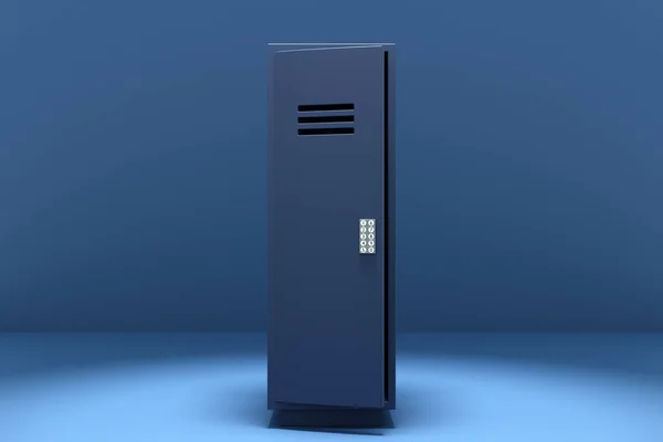 3d illustration of a metal safe with a code call on a blue background. Individual booth for clothes and things